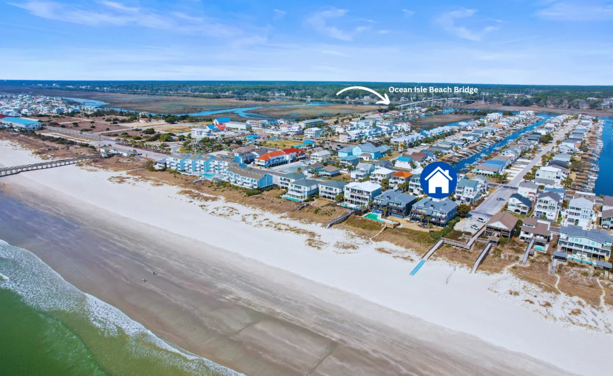 Aerial map showing Island Club B3 location and Ocean Isle Beach Bridge